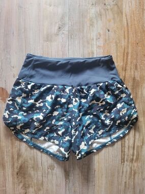 High-Waist Blue Camo Athletic Shorts with Supportive Waistband